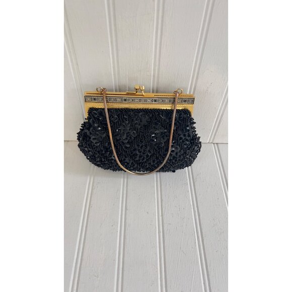 Vintage Beaded Black Evening Bag With Gold Frame & Chain Handle - Picture 3 of 14